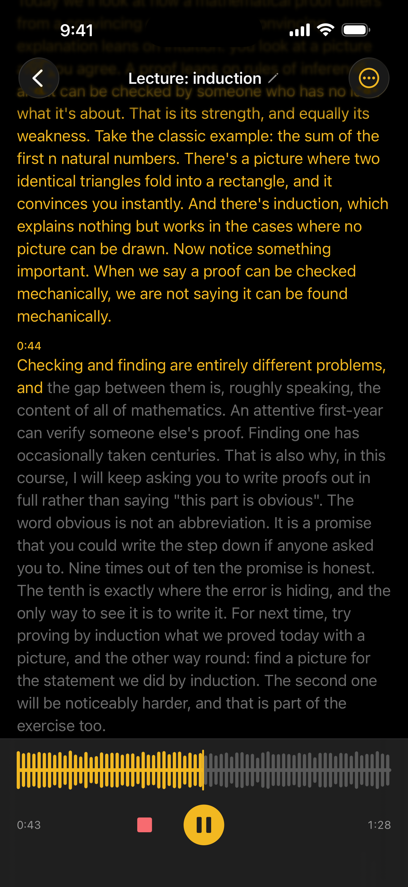 Shepot iPhone app showing a timestamped transcript and playback controls